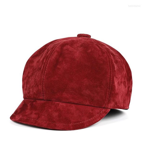 Bola de bolas Invierno Feminina Boinas de cuero genuinas Dama/Estudiante Real Gorras Red/Purple Bob Hip-Hop Hat Street