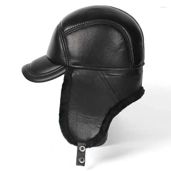 Casquettes de balle hiver hommes chapeaux en cuir véritable chapeaux de bombardier en peau de mouton oreillette noir chaud épais neige coupe-vent mâle russe