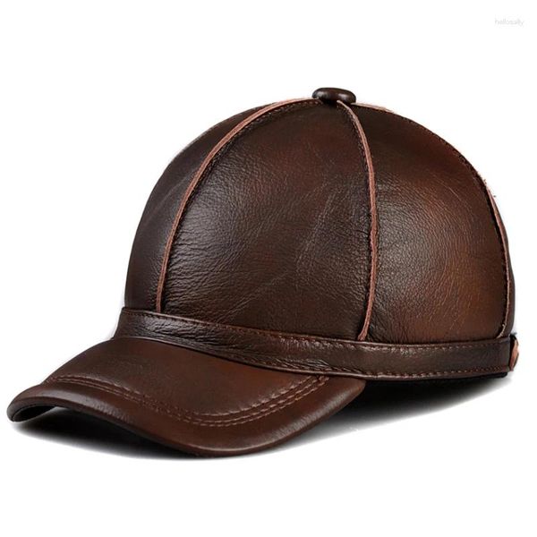 Gorras de bola de invierno de alta calidad capa de cabeza de cuero de vaca hombres gorra de béisbol casual protección de oído cálido cuero real pico ajustable