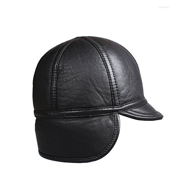 Casquettes De Baseball Chapeau Chaud D'hiver Pour Hommes Mâle À Bord Court Oreillette En Cuir Véritable Dôme Chapeau D'âge Moyen Protection De L'oreille Alléger Doux Bomber Chapeaux