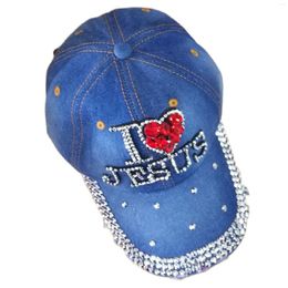 Kogelcaps wj7621 Ik hou van rode hart Jezus spijkerbroek Artificial Stones Bling Cotton Baseball