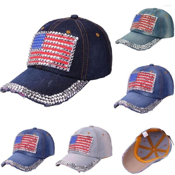 Casquettes de Baseball Femmes Drapeau Américain Strass Jeans Denim Baseball Bling Chapeau Cap