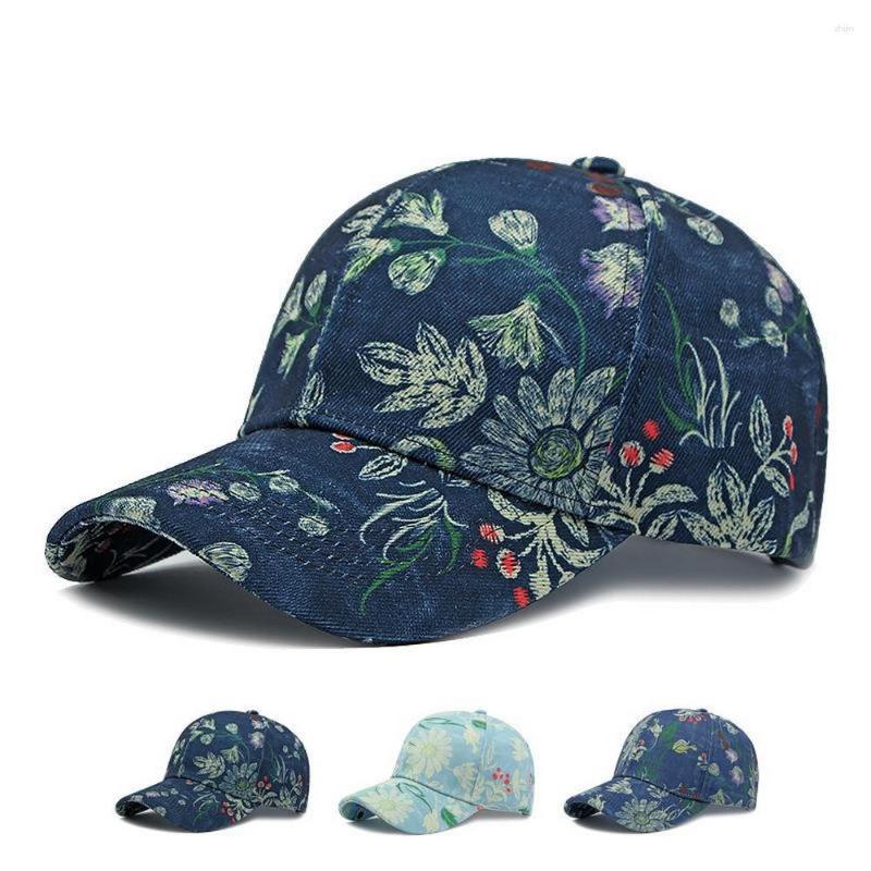 Gorras de béisbol para mujer, sombreros de cúpula de algodón con estampado de flores, patrón artístico, 56-60cm, tela vaquera de imitación ajustable para viajes al aire libre BQ0601