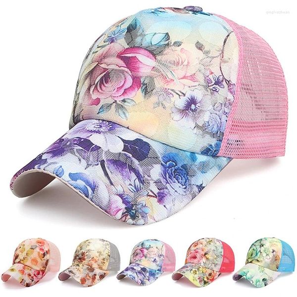 Gorras de bola Mujeres Moda Casual Rosa Flor Impreso Malla Gorra de béisbol Al aire libre Sunvisor Sombrero Ajustable Peaked