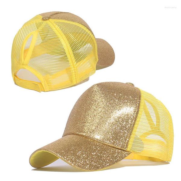 Gorras de bola mujeres niñas béisbol ponycap desordenado moño alto ajustable brillo malla camionero sombrero lentejuelas brillante sombreros