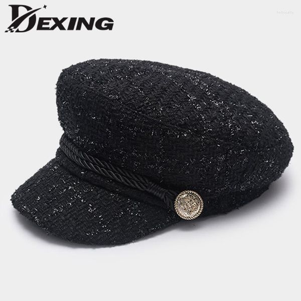 Gorras de béisbol para mujer, gorra de béisbol de Tweed con hilo dorado a la moda, boina de estudiante Vintage militar para mujer