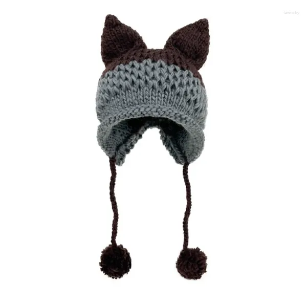 Casquettes de balle Femmes Oreilles japonaises Chapeau tricoté avec pendentif en peluche Grunge Colorblock Crochet Earflap Skull