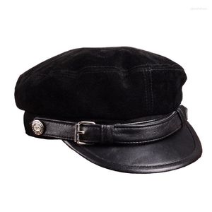 Guiones de bolas Sombreros de cuero para hombres 2023 Invierno Vintage delgada de gamuza negra Boinas de boinas con cinturón Cadete Cadete Cadete Corano Male 61