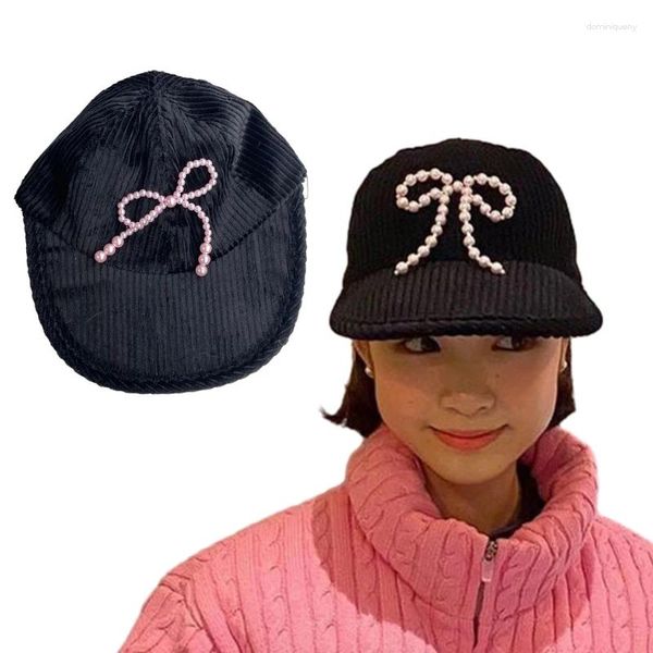 Gorras de bola Mujeres Pearl Bowknot Gorra de béisbol Otoño Invierno Adolescentes Chica Pana Sombrero a prueba de sol Señora Casual Deportes al aire libre Caminar Compras