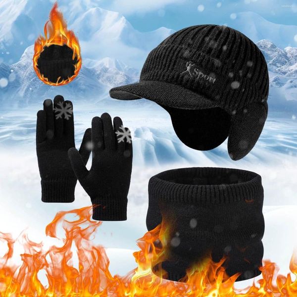 Casquettes de balle femmes chapeau automne et hiver tricoté avec un bord écharpe gants trois pièces ensemble pour hommes femmes épaissi costume chaud