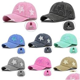 Ball Caps Dames Gewassen Katoenen Baseball Cap Glitter Ster Borduren Vintage Died Messy High Bun Paardenstaart Gat Trucker Hoed 230410 Drop Dhu4L