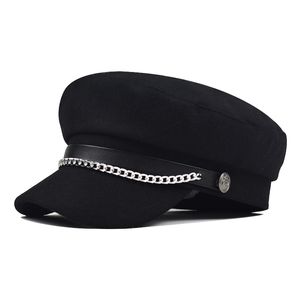 Casquettes de baseball laine cachemire laine béret lettre chapeau pu chaîne béret métal casquette octogonale coréenne femme anglais mode militaire chapeau
