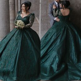 Balle robe de mariée vert foncé V coule de manche paillettes illusion illusion des robes de mariée à manches longues robes de mariée