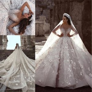 Ball Dubaï Robes de mariée robes de mariée illusion des manches longues fleurs fulles perles de cristal cathédrale