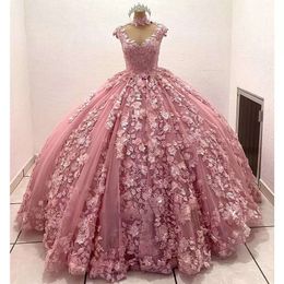 Kogel goudroze jurk quinceanera stoffige jurken 3d bloemen kanten applique kralen hoge nek optocht formele jurk zoet 16 verjaardag feest prom jurken s s