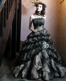 Robe de mariée gothique à plusieurs niveaux, en Organza noir et Champagne, Vintage, sans bretelles, sans manches, longue robe de mariée