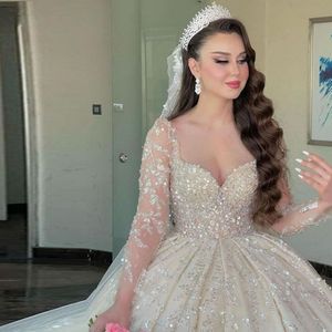 Robe de bal arabe dubaï robes de mariée paillettes perles grande taille robe de mariée froncé jupe gonflée vestido de novia