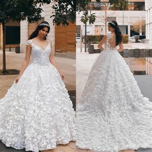 Kogel jurk kralen trouwjurken 3d bloemen kanten toegewezen v nek bruidsjurken Arabisch plus size vestido de novia