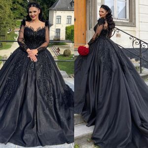 Robe de bal robe de mariée noire paillettes illusion manches longues robes de mariée robes de mariée volants balayage train Dubaï saoudien robe de mariée grande taille