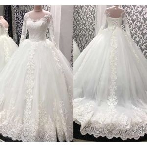 Baljurk bruids bruiloft bruiloft lange mouwen jurken 2021 kanten applique sweep trein korset achter schep nek op maat gemaakte vestidos de novia