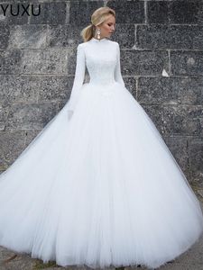 Kogel jurk jurken kanten prinses bruiloft jurk land lange mouwen bruidsjurken 403