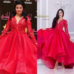 Kogel jurk lange mouw rode moslim avondjurk dames 2023 gegolfde kant appliques pailletten v nek elegante organza arabische avondjurken