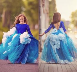 Baljurk Lange Mouwen Meisjes Pageant Jurken Juweel Kant Ruched Puffy Flower Girl Jurken voor bruiloften Tutu Rok Backless Kids Party Dress