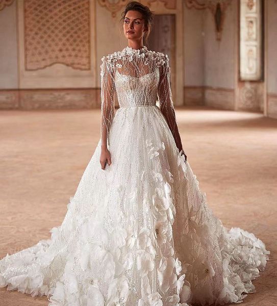 Robe De mariée De luxe, Aline, col haut, manches longues, broderie De fleurs 3D, Robe De bal, 2024