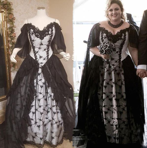 Robe de mariée gothique médiévale Robe de mariée rétro Noir et Blanc Renaissance Fantastique Victorien Vampires 1/2 Long Long Paillot Robe de mariée