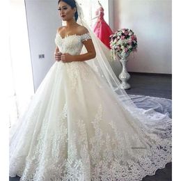 Kogel jurk van de schouder trouwjurken lieverd veter omhoog prinses illusie applique bruidsjurken gewaad de mariage 2019 0509
