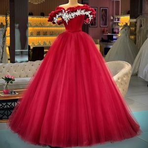 Vestido de fiesta, vestidos de graduación, apliques de encaje rojo, elegante vestido de tul con hombros descubiertos, vestido de graduación