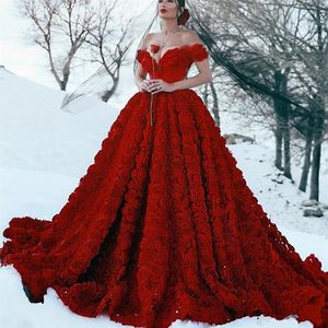 Robe de bal robes de bal rouge sur l'épaule décolleté en coeur fait à la main fleurs 3D chapelle train robes de soirée223b
