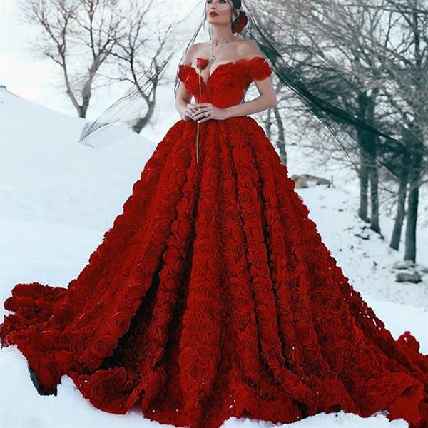 Vestido de fiesta Vestidos de baile Rojo Fuera del hombro Escote corazón Hecho a mano Flores 3D Tren de la capilla Vestidos de noche274o