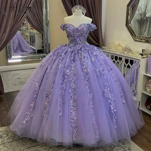 Robe de bal robes de quinceanera lilas hors épaule des appliques en dentelle perles avec des fleurs faites à la main 3d fleurisités plus taille de bal robes de soirée corset sor