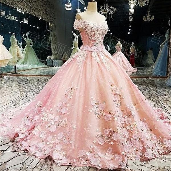 Ball Gown Quinceanera Abiti con spalle scoperte Appliques in pizzo Perline di cristallo Fiori 3D Sweet 16 Party Prom Abiti da sera2656