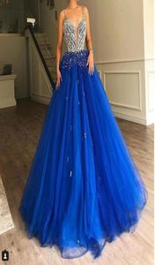 Kogeljurk Royal Blue Tule Long Prom Dress Diamonds kralen Puffy Train Elegante avond Elie Saab Quinceanera -jurken3506973