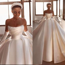Kogel jurk satijnen bruiloft vintage jurk voor bruid parels strapless arabisch vestido de noiva sweep trein gewaad mariage bruidsjurken s s
