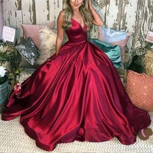 Robe de bal sexy rouge foncé pas cher robes de bal col en V profond bretelles spaghetti dos nu soirée longueur de plancher robe formelle Ogstuff robes estidos