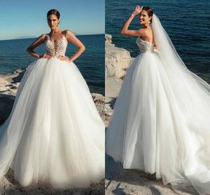 Baljurk trouwjurken strand boho kanten appliqued banden moderne prinses gezwollen tulle court trein sexy backless bruid jurken mode yd