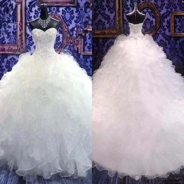 Robes de mariée robes de mariée Crystaux de perles nuptiaux Sweetheart Rouples Ruffles Sweep Train CORSET BARD CUSTOM MADE MADE PLUS VESTIDOS DE NOVIA 403 403