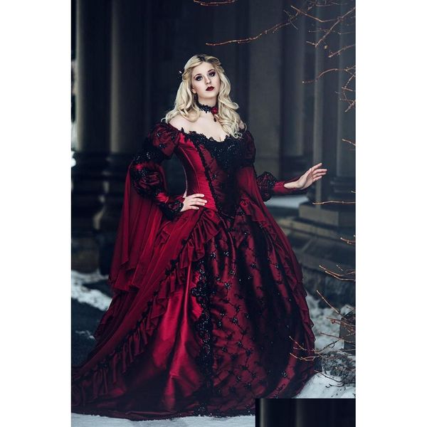 Robes de mariée robe de bal gothique rouge et noir médiéval Renaissance Fantasy manches longues vampires victoriens celtique robe spéciale Ocn Dhbsw