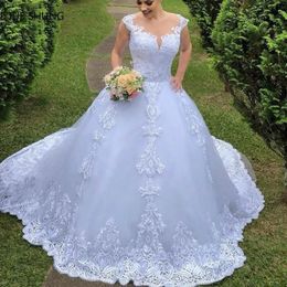 Baljurk trouwjurken illusie lijfje witte vintage kanten appliques bruidsjurken v nek backless voor kerk op maat gemaakte vestido