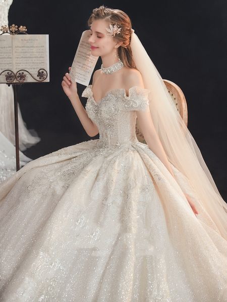 Robes de mariée robe de bal illusion à manches longues jupe gonflée cristal applique princesse arabe robe nuptiale robes de marie 403