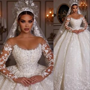 Robes de mariée robes de mariée paillettes en dentelle Crystal perle de bijou illusion à manches longues Dubaï Sequins arabes