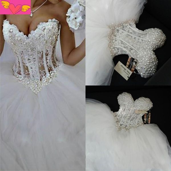 Robe de bal robes de mariée chérie Corset voir à travers la longueur de plancher princesse robes de mariée perles dentelle perles robes de mariée