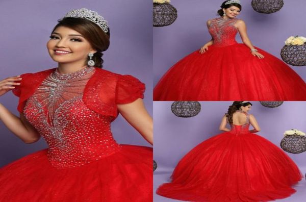 vestidos de baile vestidos de quinceañera rojos con chaqueta cuello alto top con cuentas vestido de noche de graduación con espalda abierta y largo hinchado vestido con cordones 204922707