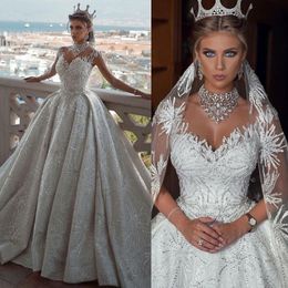 Bal Luxe Kralenjurk Trouwjurken Modern V-hals Kanten Bruidsjurken met Lovertjes Grote maten Tot de grond Robe De Mariee S