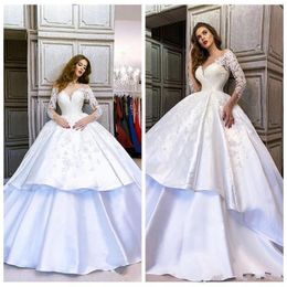 Bal nieuwe aankomst jurk jurk jurken pure nek lange mouwen lange mouwen kanten appliques satin vestidos de noiva gelaagde trouwjurk bruidsjurken s s