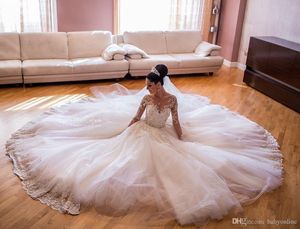 Bal nieuwe pure jurken juweel nek kanten applique lange illusie mouwen formele bruidsjurk trouwjurk trein 330