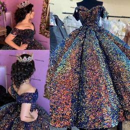 Bal sprankelende pailletten jurk quinceanera jurken van de schoudervloer lengte op maat gemaakte zoete verjaardagsfeestje prom optocht Vestidos